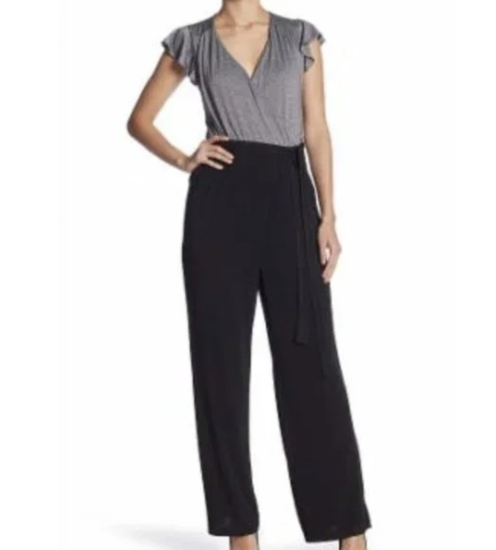 ECI Metallic Pants Bodysuit Womens M Medium Black Silver Flutter Sleeves Pockets